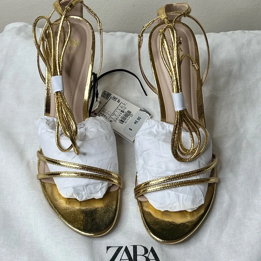 Zara Gold Lace up  Sandals - Picture 3 of 14